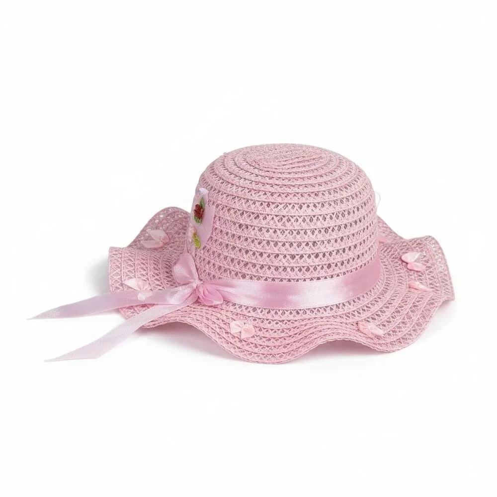 Pink Straw Set of 10pcs Sun Hat For Girls With Ribbon Bow & Floral Accents, Ligh